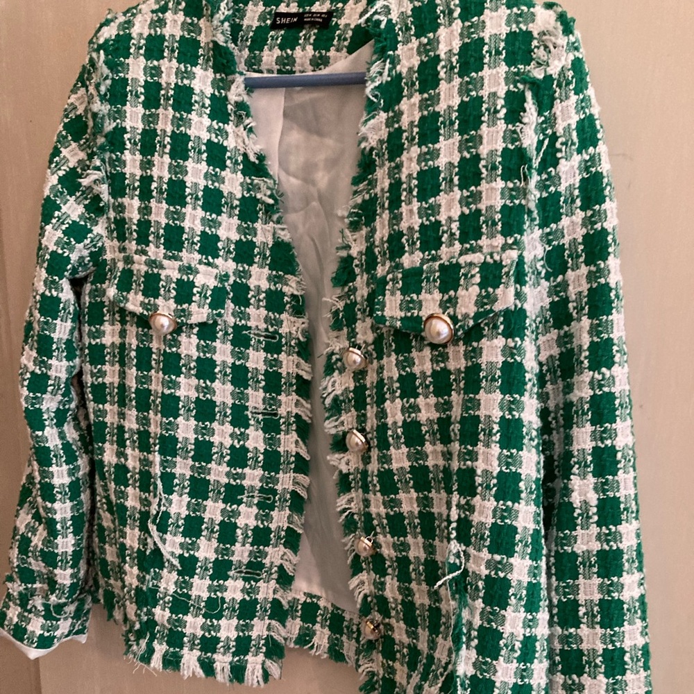 Green and soft white tweed jacket